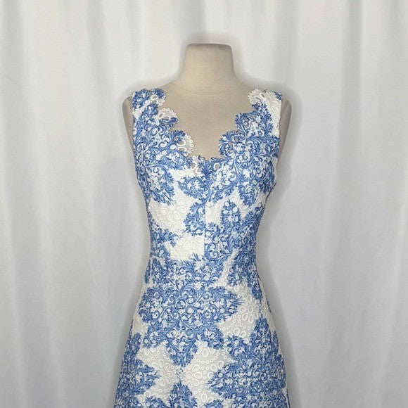 Anthropologie EVA FRANCO Starflower Scalloped Dress Blue White Lace Size 4