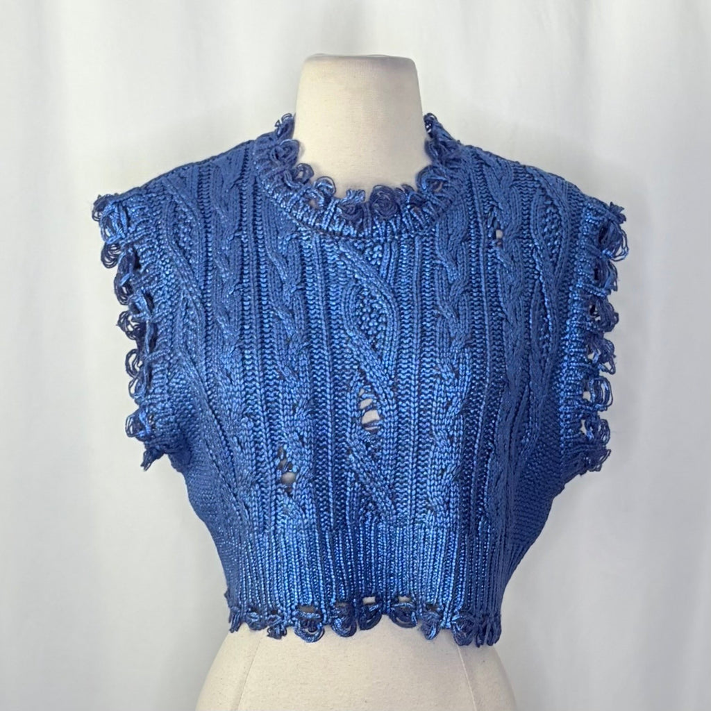 ZARA Metallic Blue Cropped Sweater Cableknit Distressed Cable Knit Crop Small
