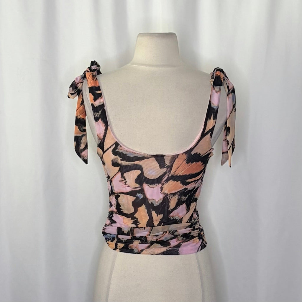 FREE PEOPLE Avenue Tank Top Tie Shoulders Scoop Neck Pink Combo Retro Medium