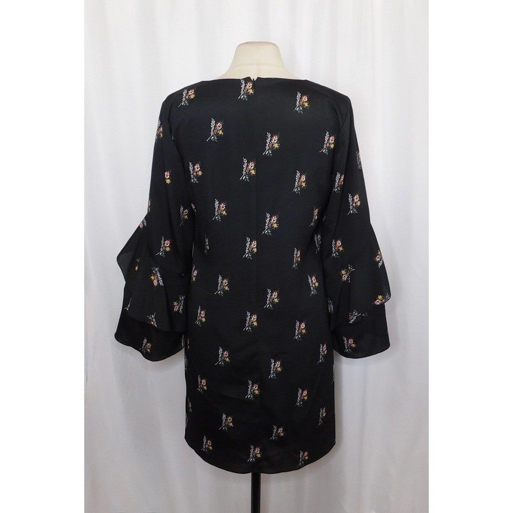 KOBI HALPERIN Ayana Ruffle Sleeve Black Floral Dress Cape Shift Dress Medium