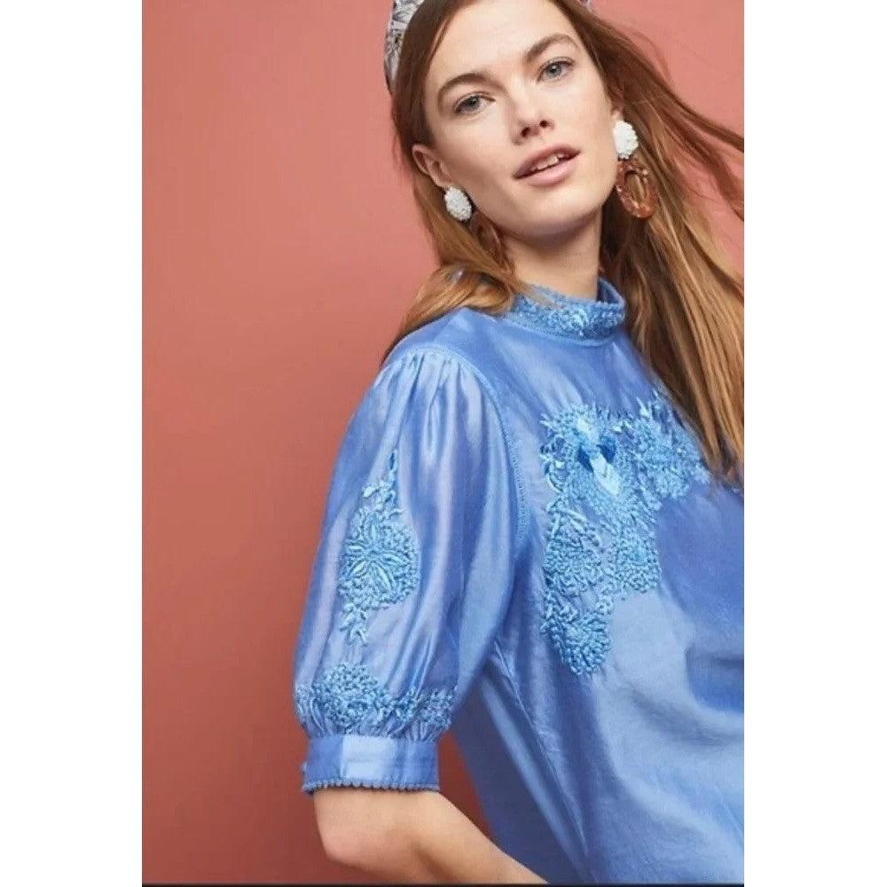 Anthropologie PAYAL JAIN Embroidered Carrington Floral Blouse Top Silk Medium