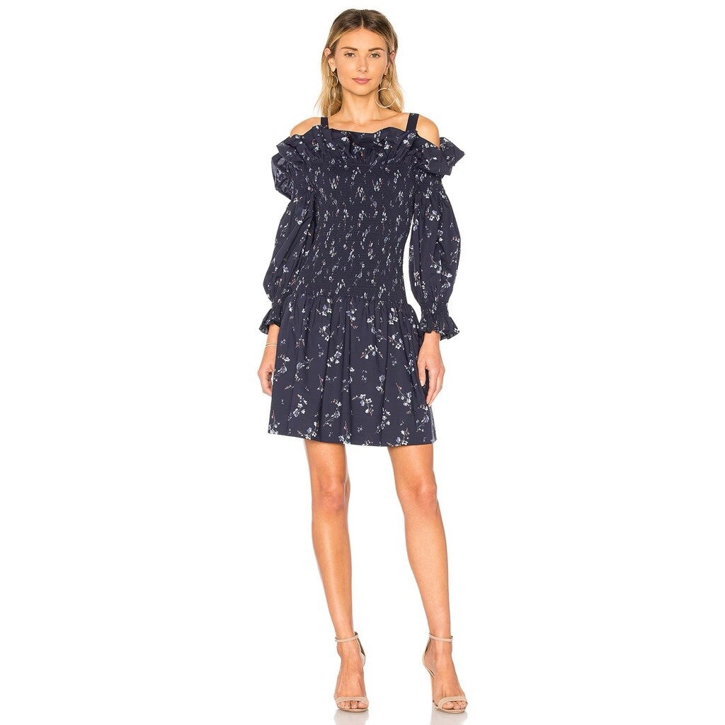 Revolve REBECCA TAYLOR Francine Off Shoulder Dress Floral Smocked Navy Blue 0