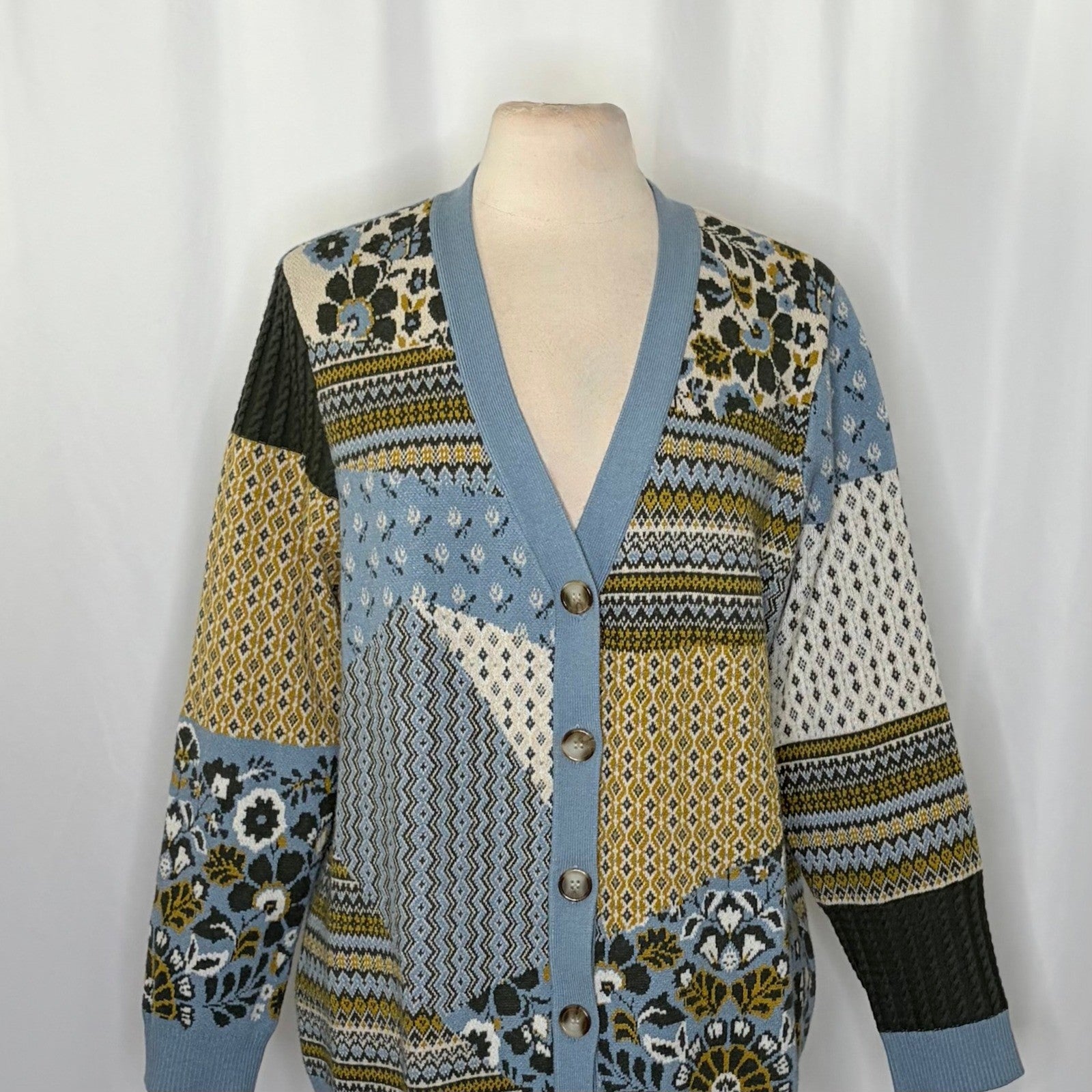 APPLESEED'S Patchwork Cardigan Sweater Floral Fairisle Fair Isle Geometric Large