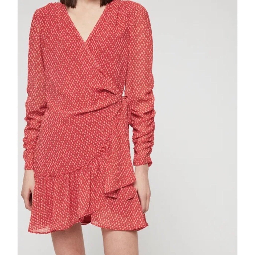 ALLSAINTS Flores Heart Print Wrap Dress Ruched Ruffle Red All Saints X-Small