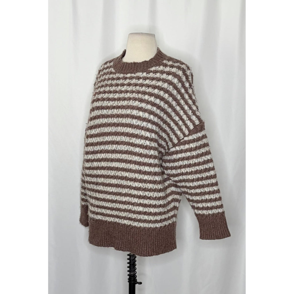 ZARA Wool Chunky Knit Oversized Sweater Brown Grey Stripes Pullover Knit Small