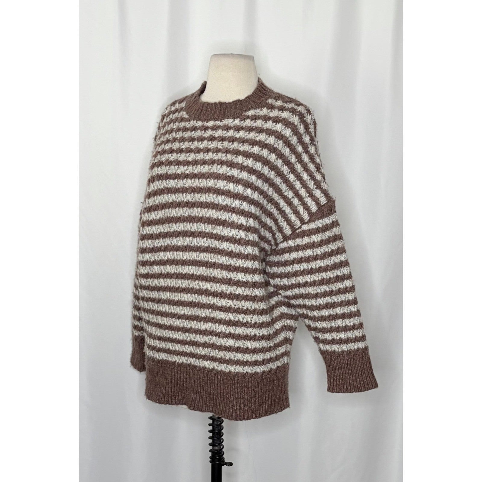 ZARA Wool Chunky Knit Oversized Sweater Brown Grey Stripes Pullover Knit Small