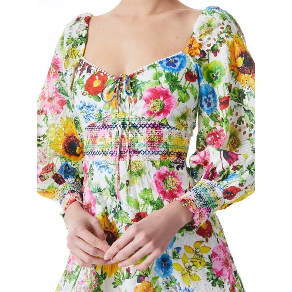ALICE + OLIVIA Crawford Sweetheart Mini Dress Floral Puff Sleeves Lace Up Size 0