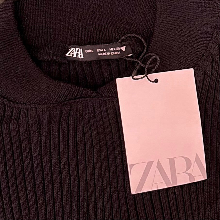 NWT!! ZARA Contrast Nylon Midi Dress Ribbed Knit Olive Green Black Blue Large