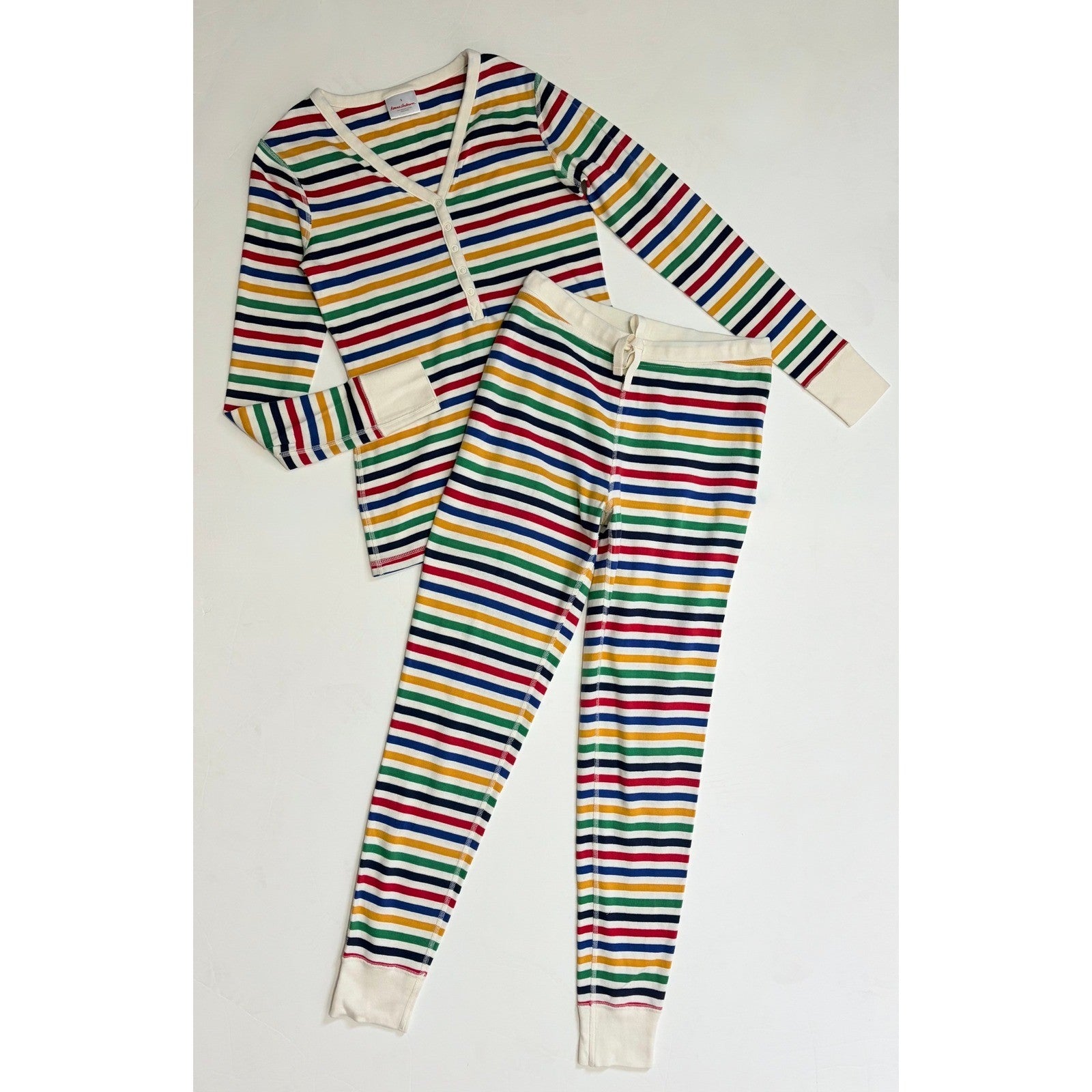 Women's HANNA ANDERSSON 2 Piece Multi Stripe Pajamas Henley Organic Cotton Small