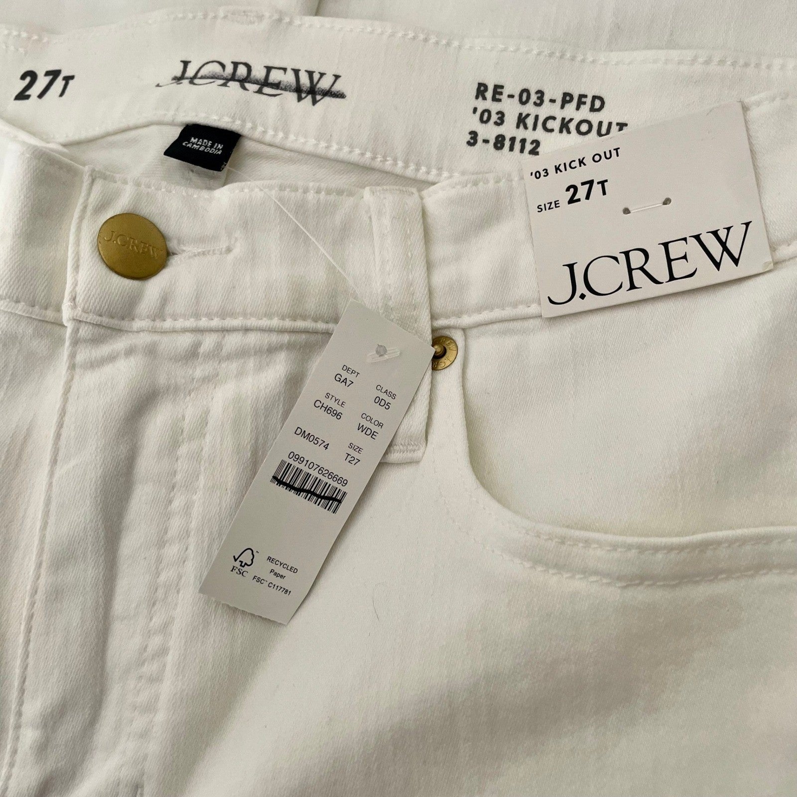 NWT!! J. CREW Mid Rise Kickout Jeans Denim White Stretch Solid Cropped 27 Tall