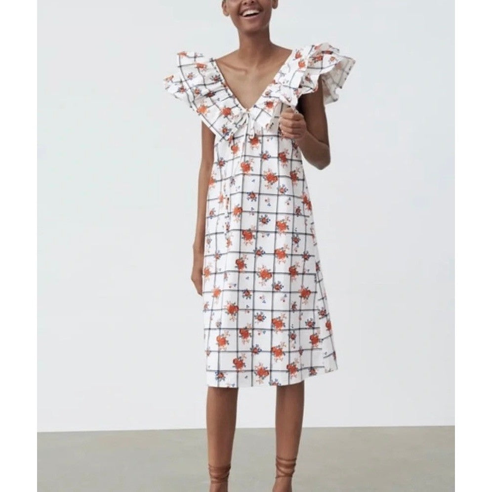 NWT!! ZARA Floral Plaid Lattice Ruffle Sleeve Dress Shift Blogger Favorite Large