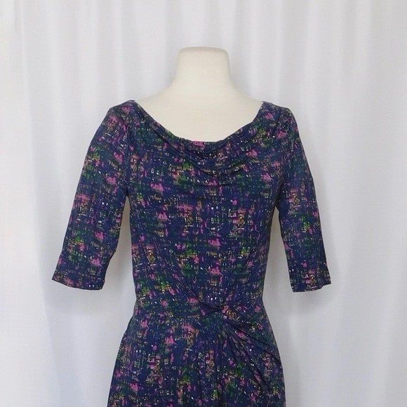 BODEN Drape Neck Pleated Ruched Midi Dress Abstract Print Knit Pleats 4L 4 Tall
