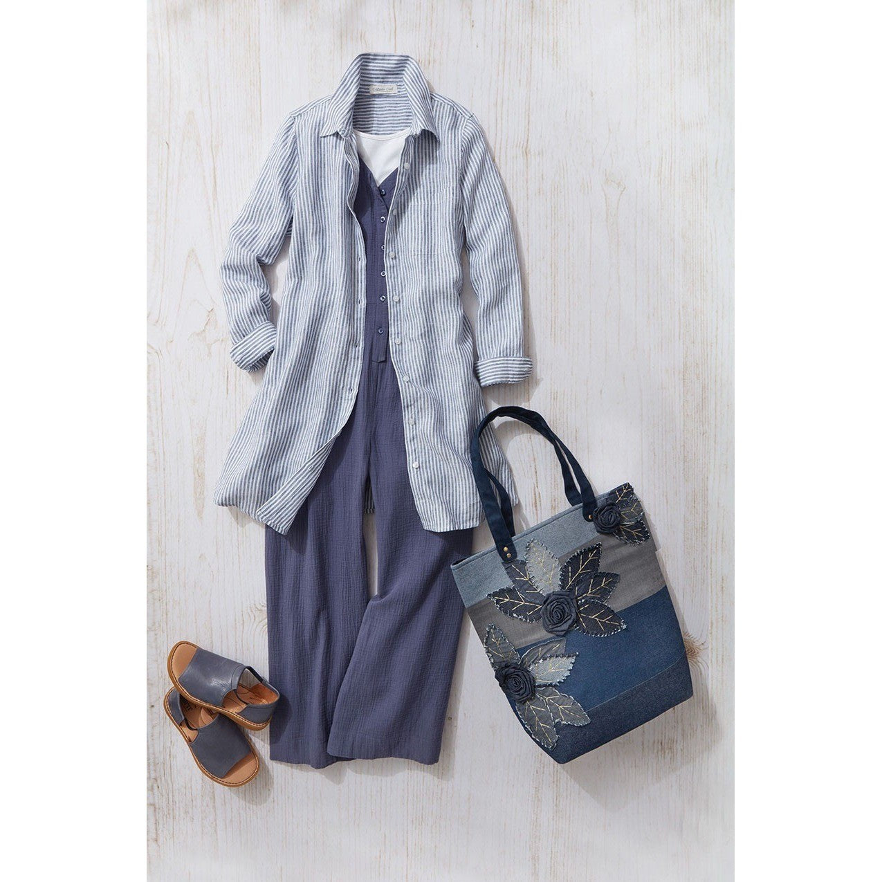 NWT!! COLDWATER CREEK Cross Dyed Striped Linen Tunic Topper Blue White Medium