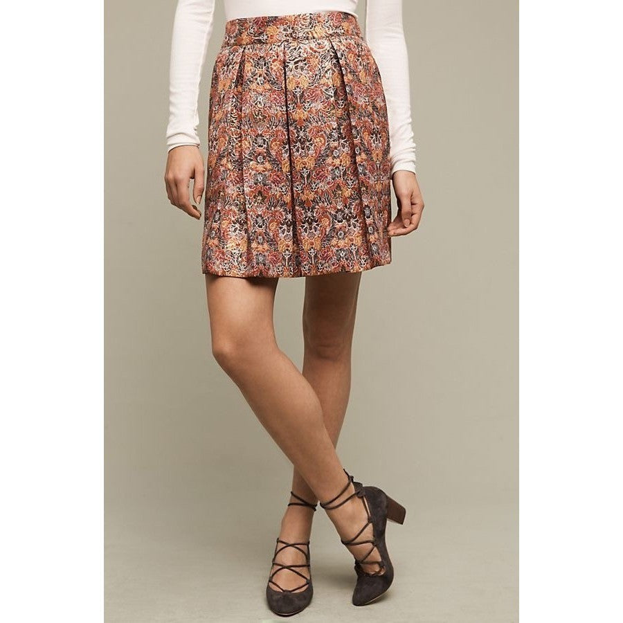 Anthropologie MAEVE Rosie Floral Skirt Pleated Metallic Brocade Pockets Small