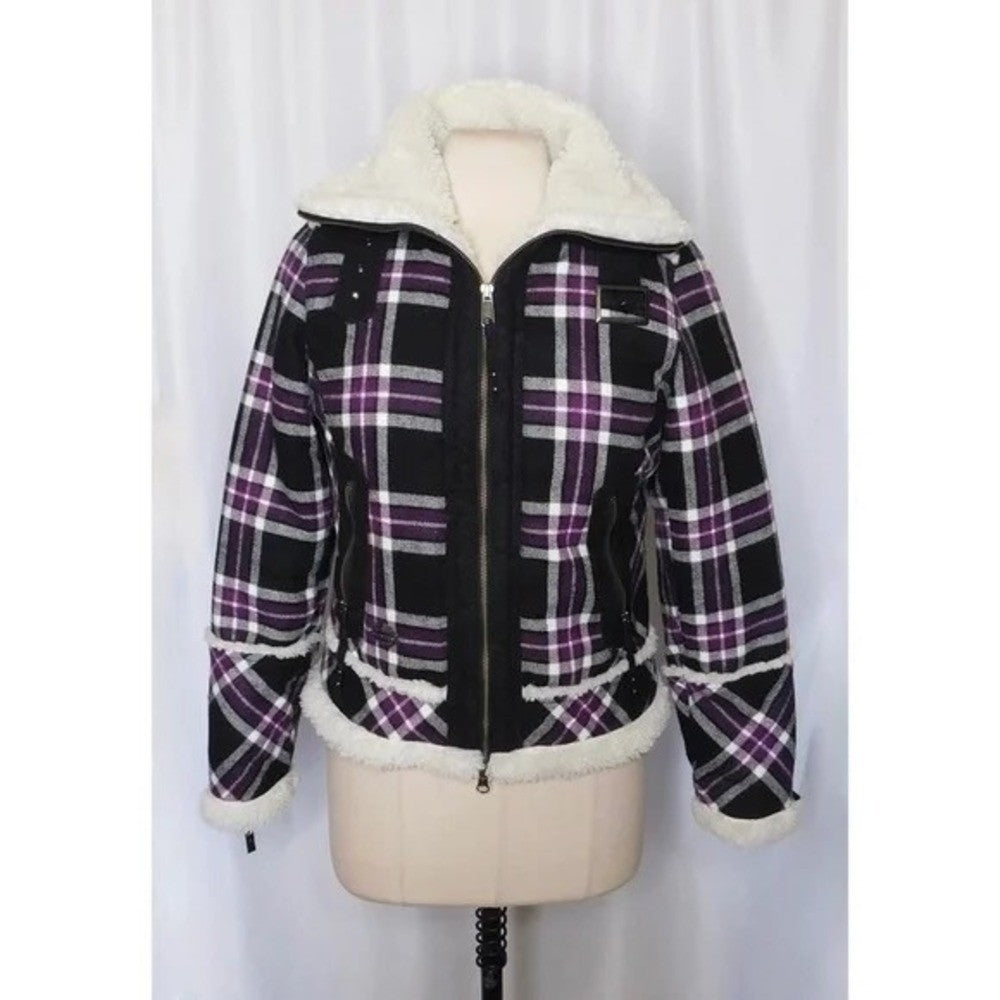HARLEY-DAVIDSON Purple Black Plaid Fleece Sherpa Lined Coat Moto Motorcycle S