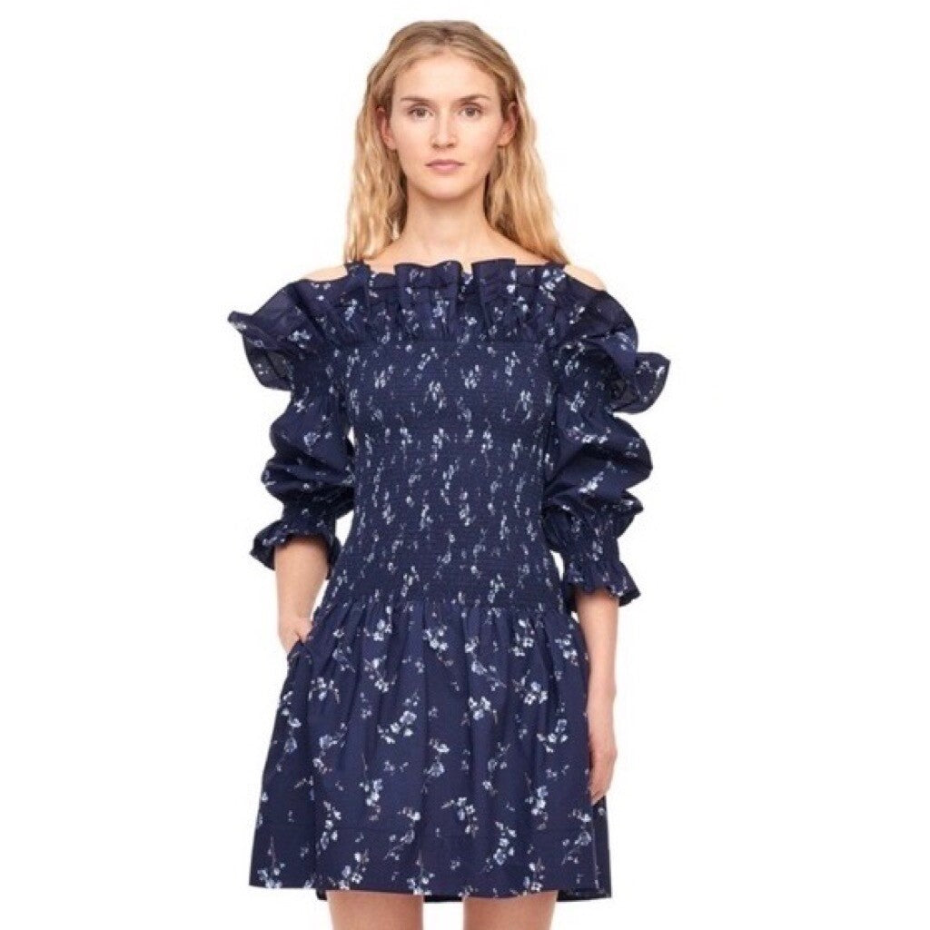 Revolve REBECCA TAYLOR Francine Off Shoulder Dress Floral Smocked Navy Blue 0