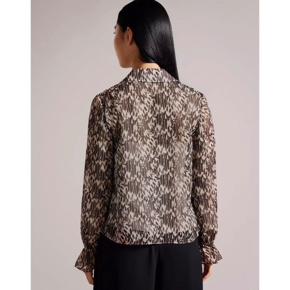 TED BAKER Bertei V Neck Ruffle Blouse Top Brown Abstract Chic Size 6 / US 14
