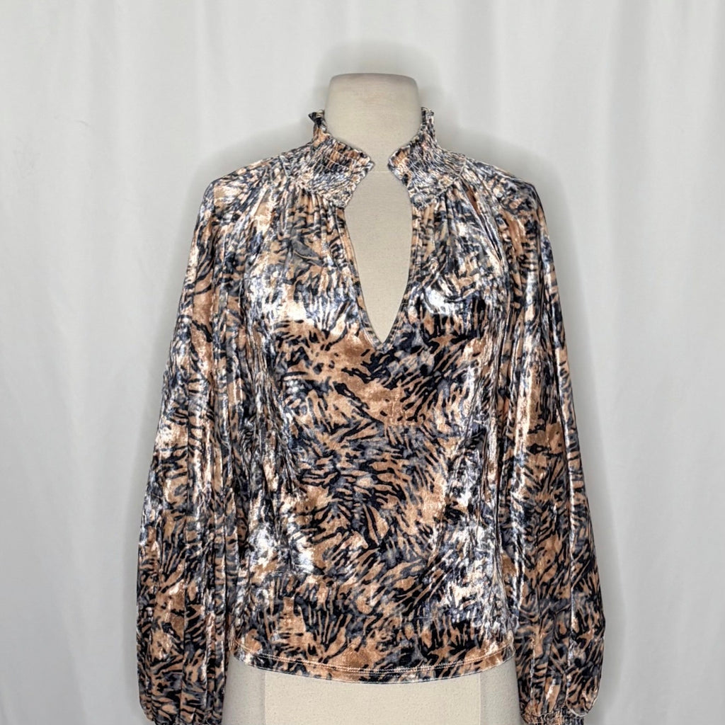 FREE PEOPLE Smocked Crushed Velvet Top Blouse Go Get 'Em Tiger Animal Small