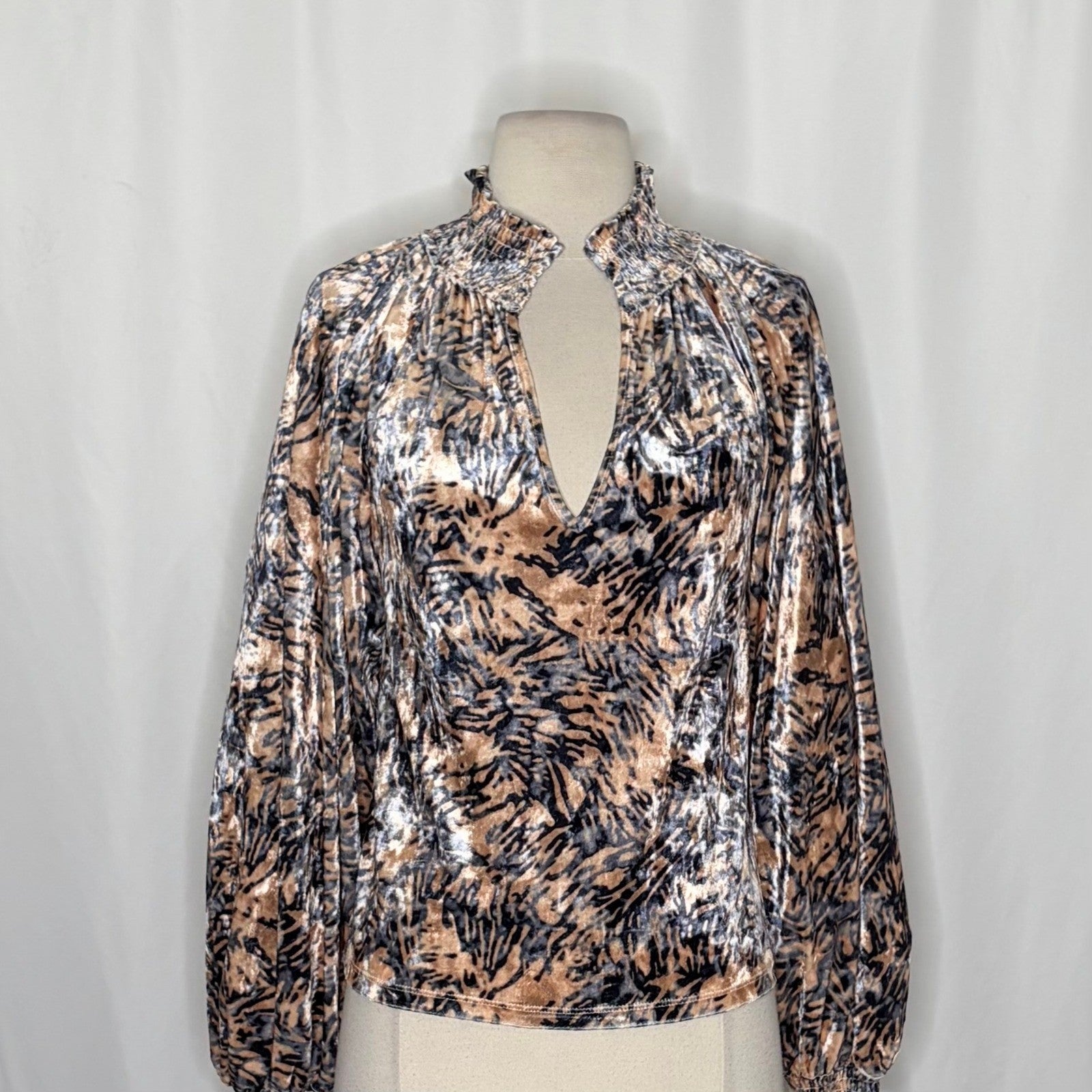 FREE PEOPLE Smocked Crushed Velvet Top Blouse Go Get 'Em Tiger Animal Small