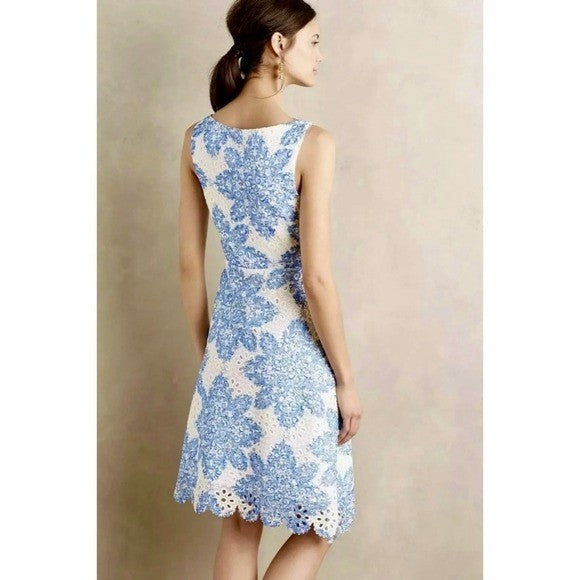 Anthropologie EVA FRANCO Starflower Scalloped Dress Blue White Lace Size 4