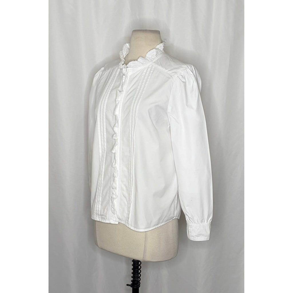 SUNDANCE White Pleated Embroidered Ruffled Buttondown Top Blouse Petite Small