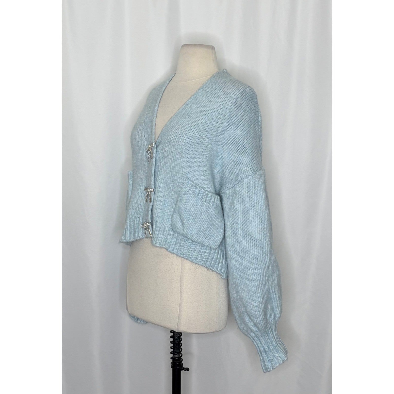 ZARA Jewel Bow Cardigan Sweater Baby Blue Coquette Blogger Favorite Preppy Small