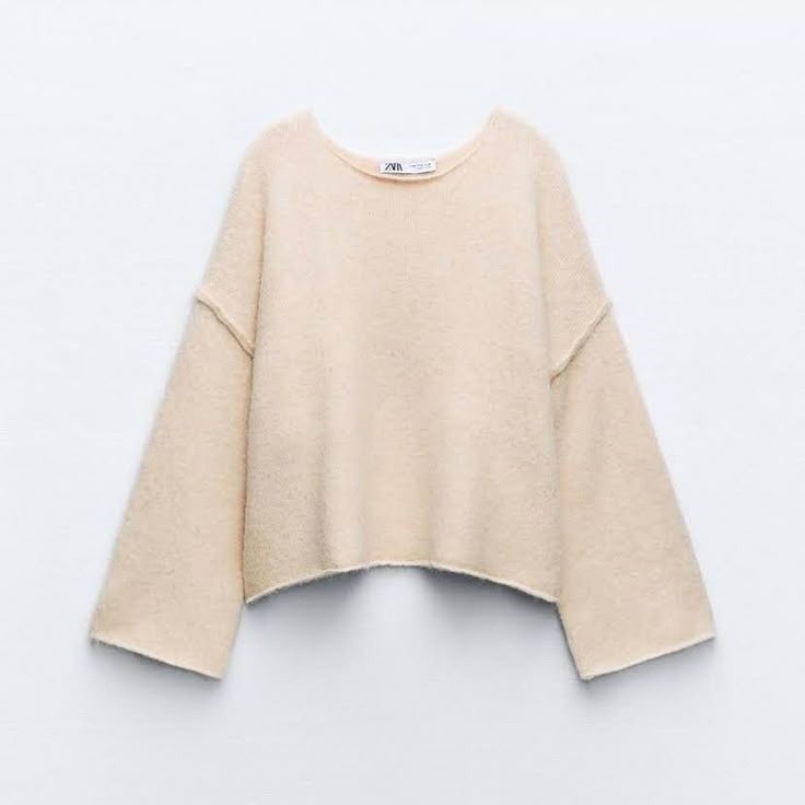 ZARA Bateau Neck Cropped Sweater Wool Solid Ivory Pullover Knit Knitwear Small