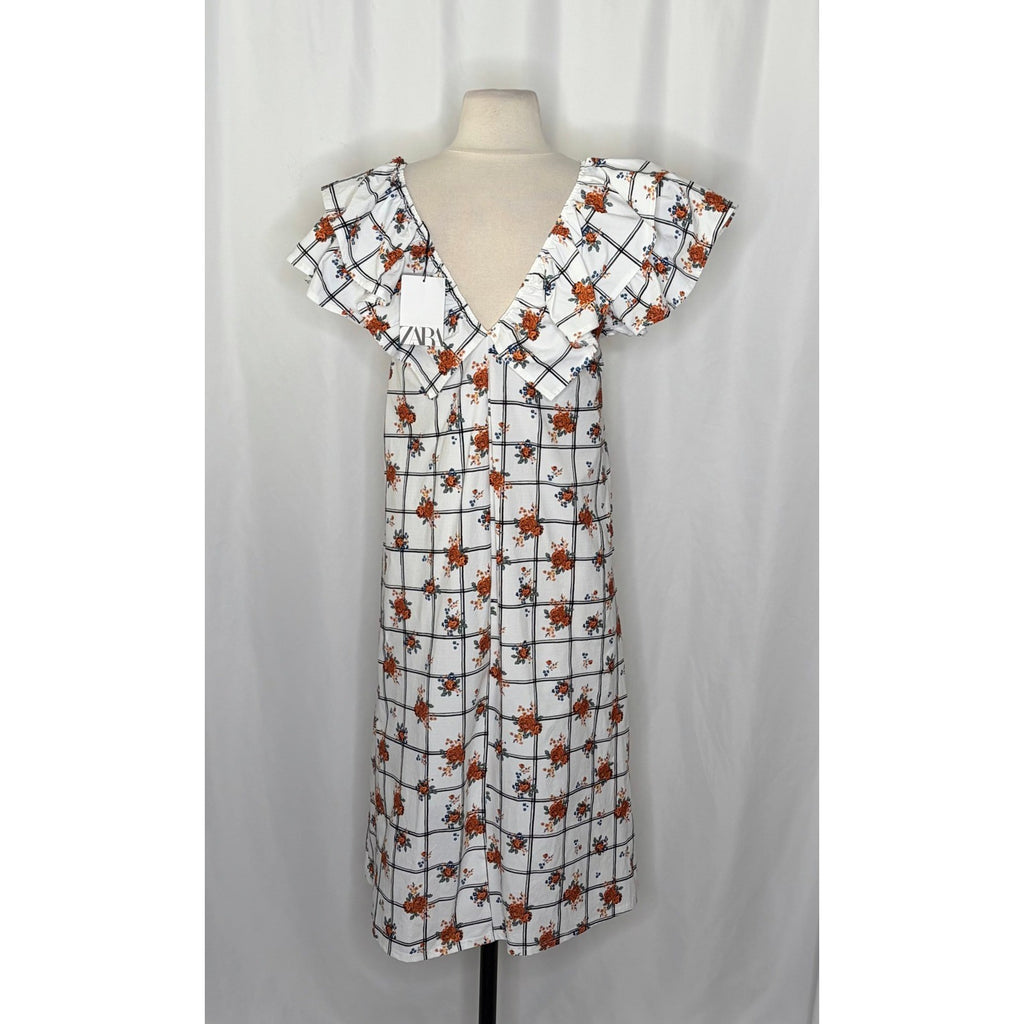 NWT!! ZARA Floral Plaid Lattice Ruffle Sleeve Dress Shift Blogger Favorite Large