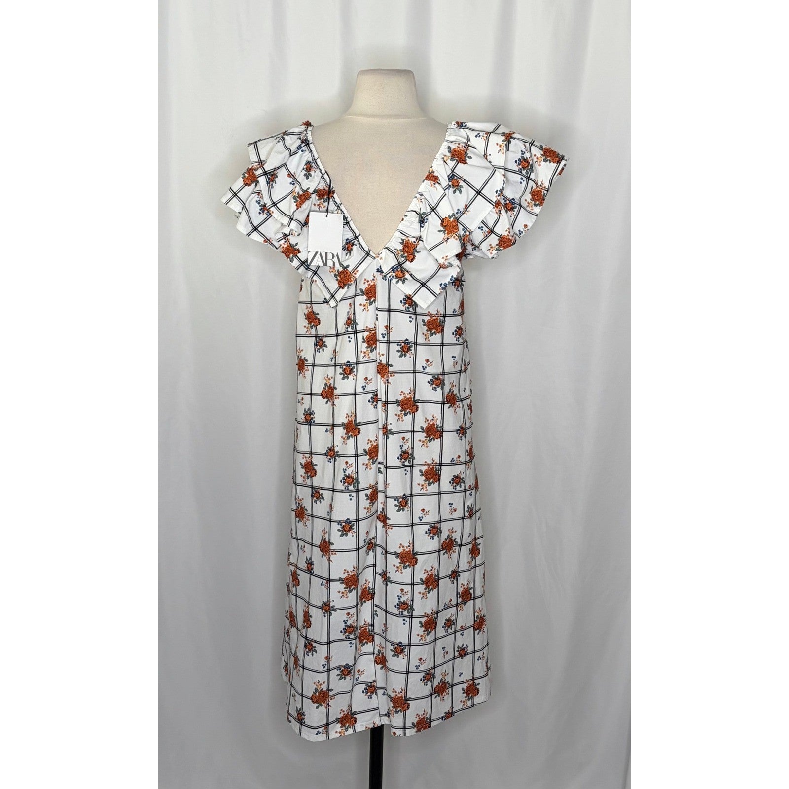 NWT!! ZARA Floral Plaid Lattice Ruffle Sleeve Dress Shift Blogger Favorite Large