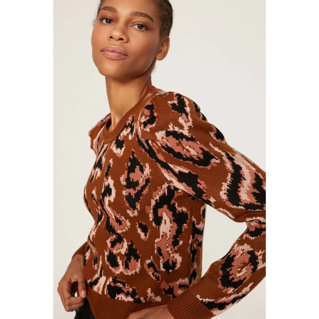 DEREK LAM Collective Brown Animal Print Sweater Leopard Puff Sleeves Large