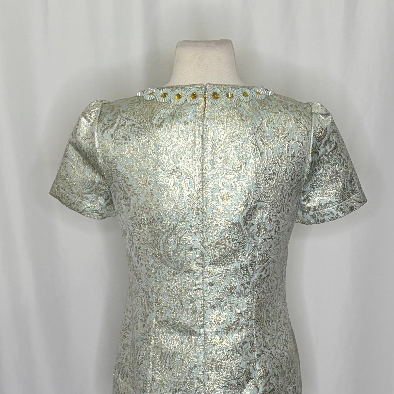 TORY BURCH Lola Top Blouse Aqua Glass Embellished Silk Brocade Floral Size 4