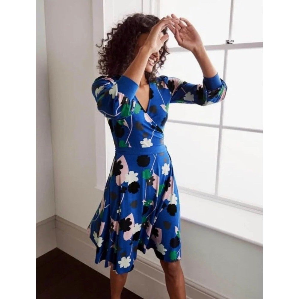 BODEN Edie Jersey Knit Wrap Dress Blue Summit Floral Press Print Preppy Size 8
