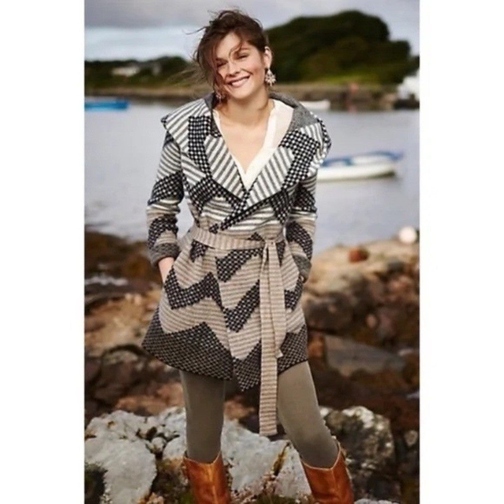 Anthropologie FIELD FLOWER Chevron Stripe Belted Wool Sweater Coat Hood X-Small