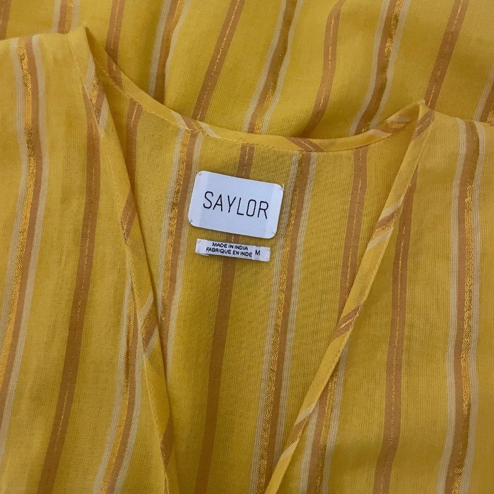 SAYLOR Yellow Metallic Striped Dress Fluttery Smocked Mini Gold Party Medium