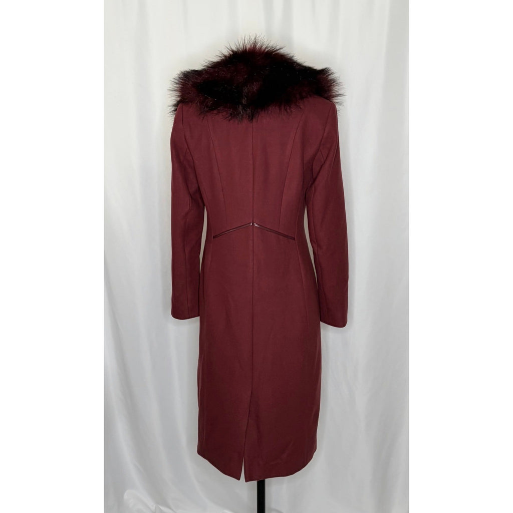 WHBM Burgundy Long Coat Removable Faux Fur Collar White House Black Market XS