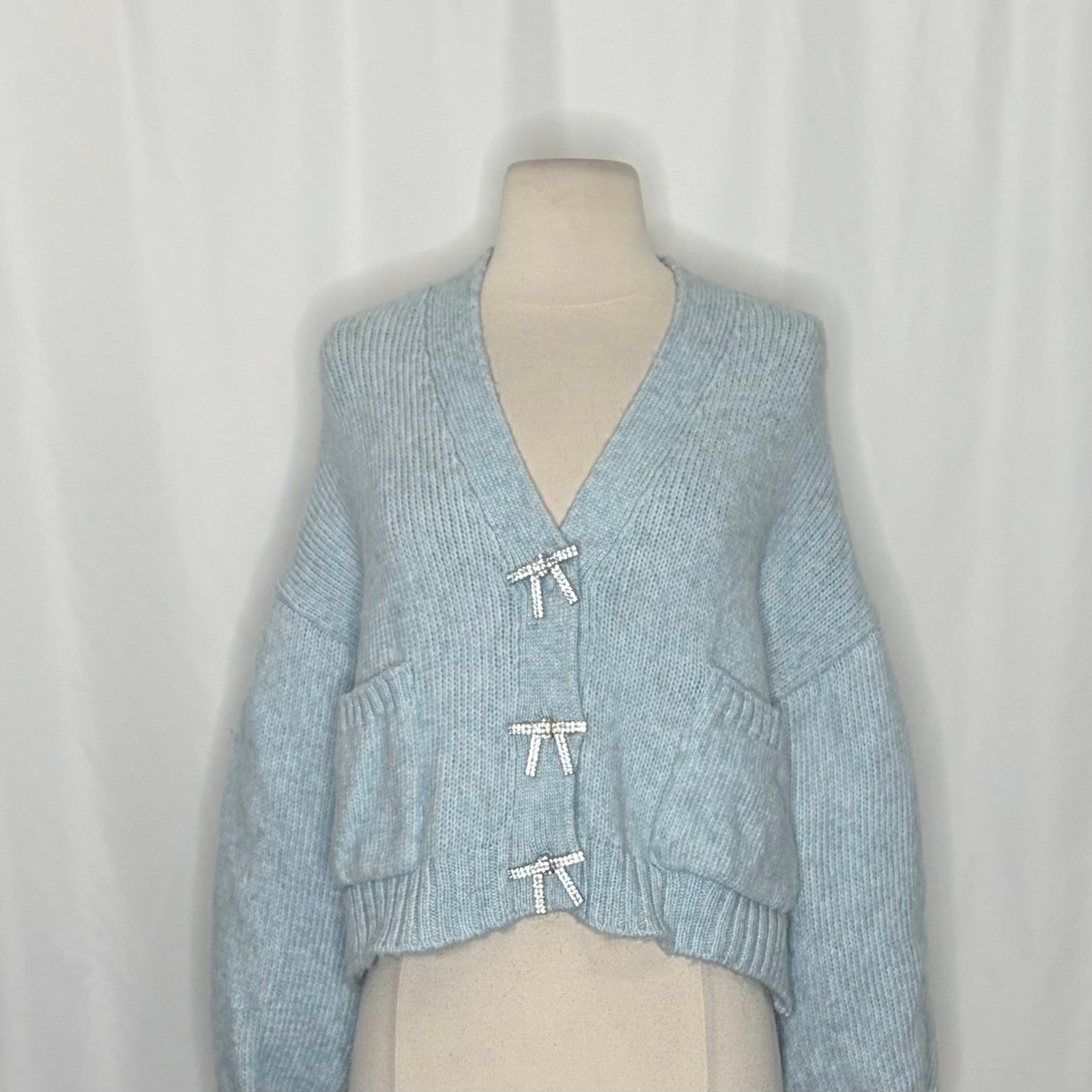 ZARA Jewel Bow Cardigan Sweater Baby Blue Coquette Blogger Favorite Preppy Small