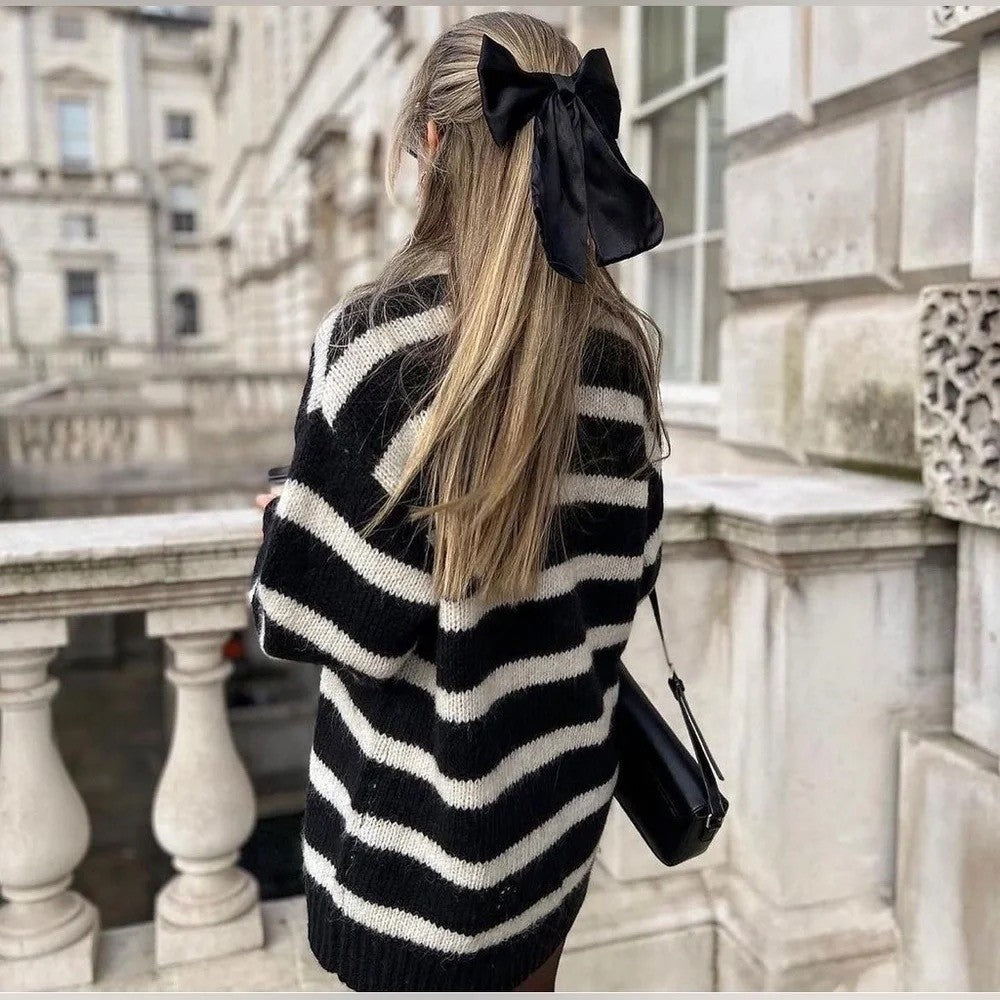 ZARA Long Striped Cardigan Sweater Black Ivory Striped Wool Alpaca Knit Small