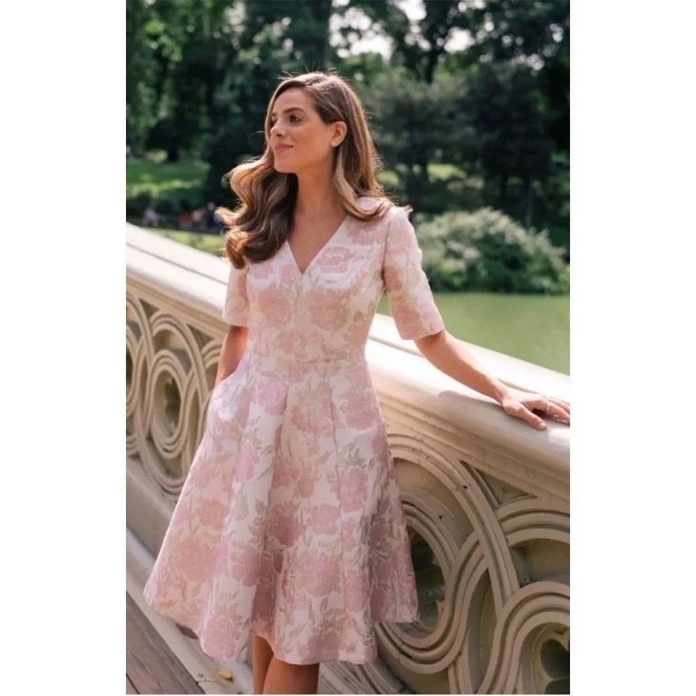 GAL MEETS GLAM Adair Pink Pearl Floral Jacquard Dress Fit N' Flare Pockets 8
