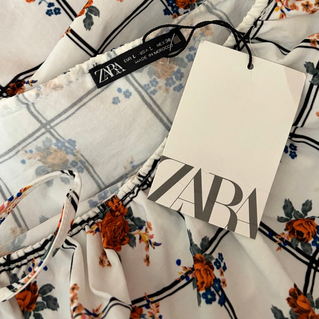 NWT!! ZARA Floral Plaid Lattice Ruffle Sleeve Dress Shift Blogger Favorite Large