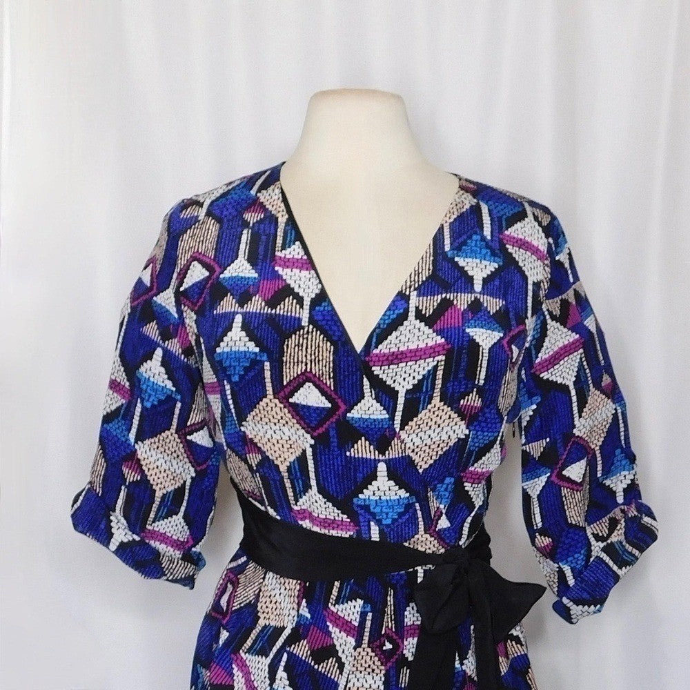 YUMI KIM Silk Faux Wrap Abstract Geometric Print Mini Dress Bright Medium