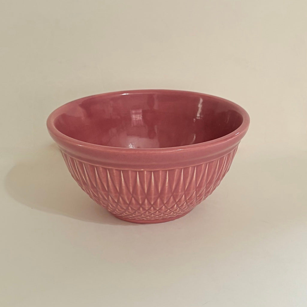 Vintage A.E. HULL Pottery Company Pink Kitchen Bowl Nesting Glossy Diamond