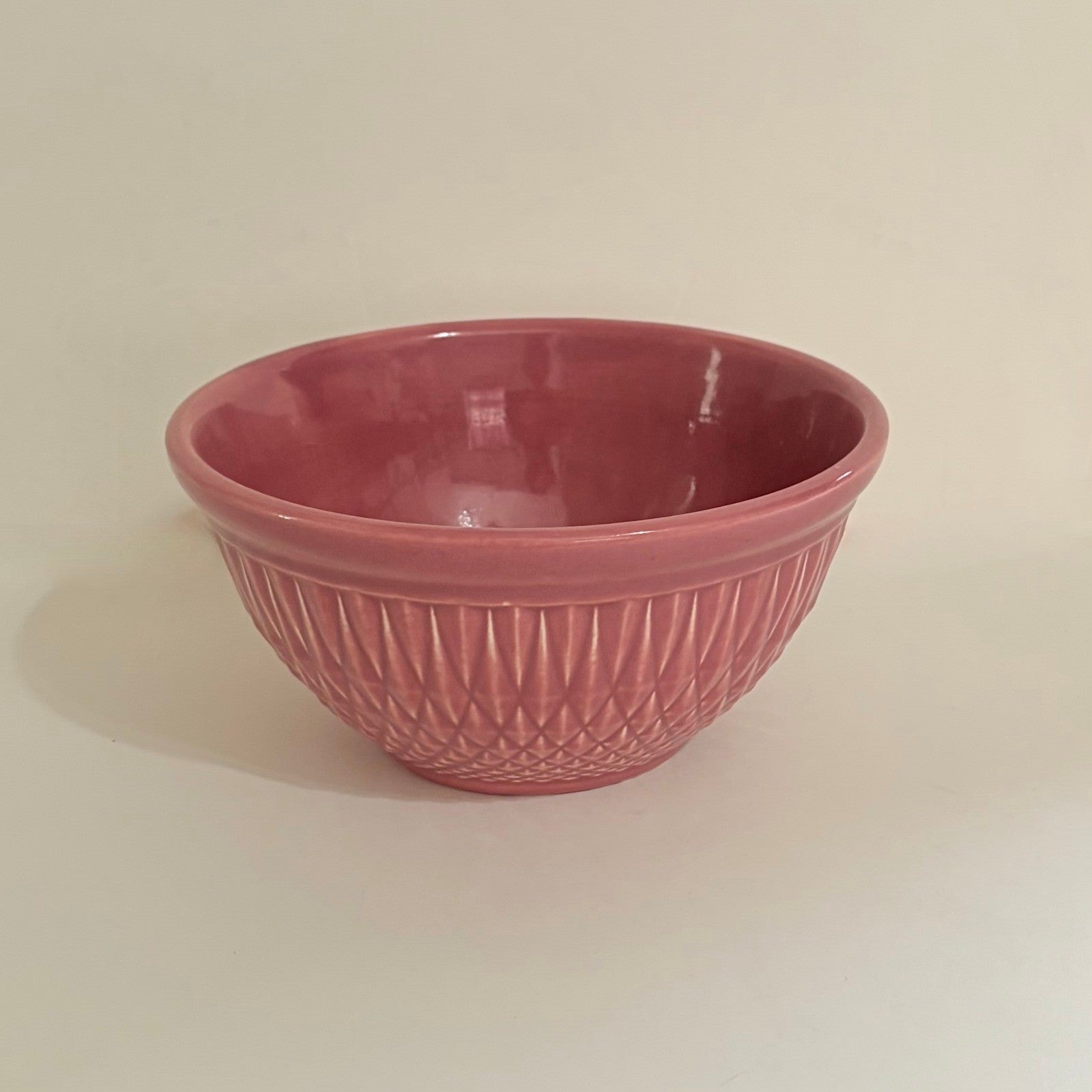 Vintage A.E. HULL Pottery Company Pink Kitchen Bowl Nesting Glossy Diamond