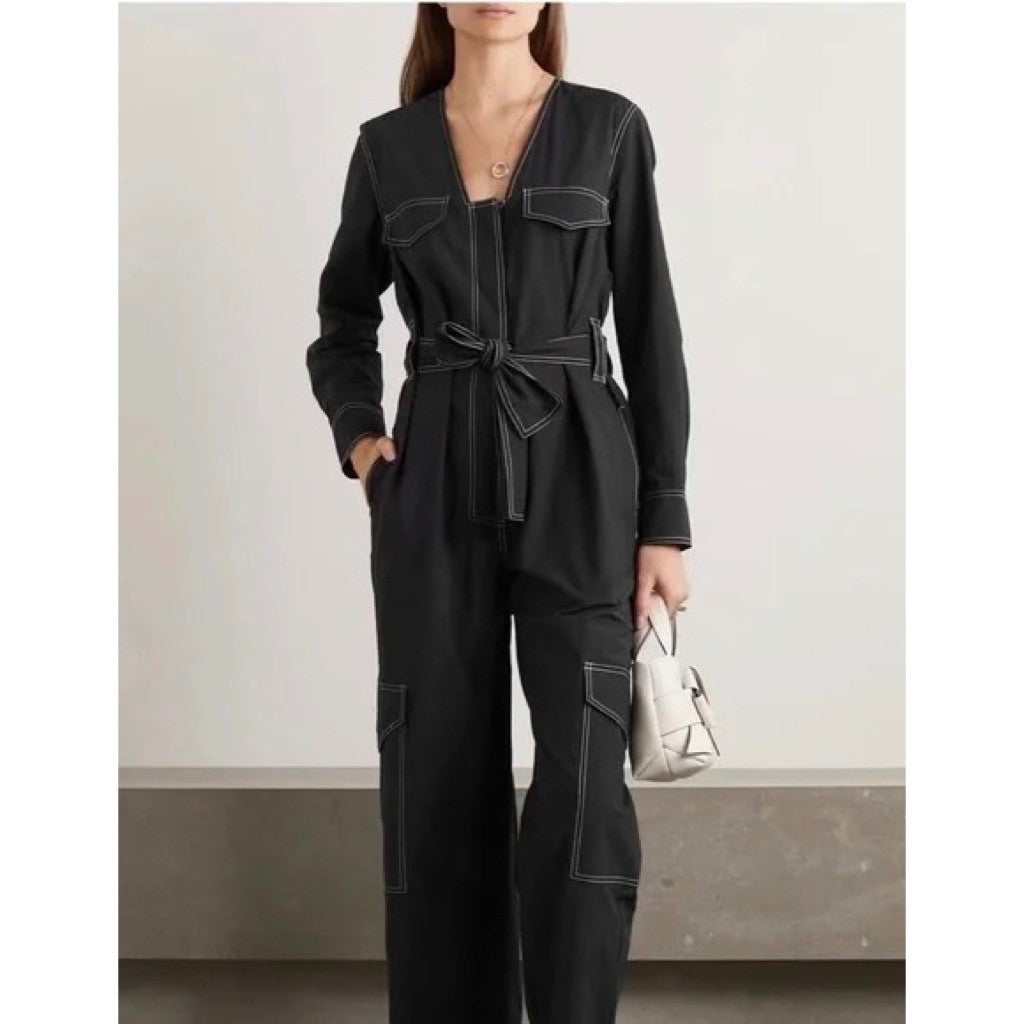 NWT!! GANNI Belted Contrast-Stitch Jumpsuit Black Cargo Pockets Organic Cotton 8