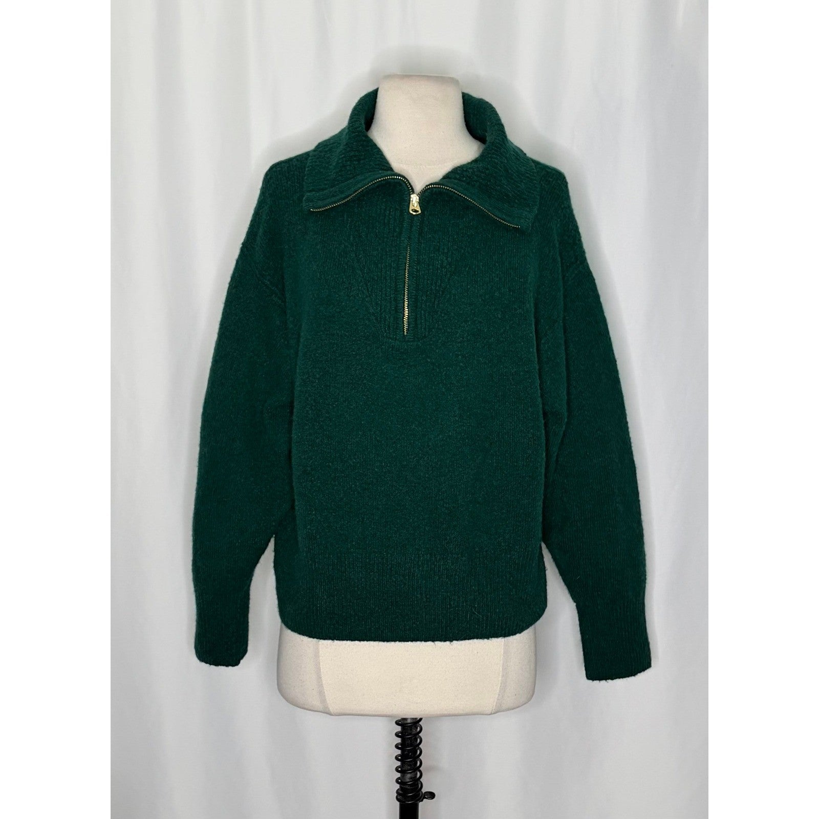 J. CREW Relaxed Half Zip Stretch Sweater Merino Wool Alpaca Dark Spruce Green M