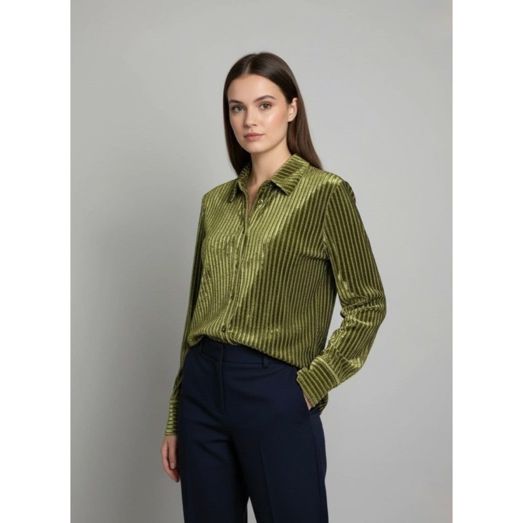 HOUSE OF HARLOW 1960 Green Velvet Stripe Buttondown Shirt Top Metallic Small