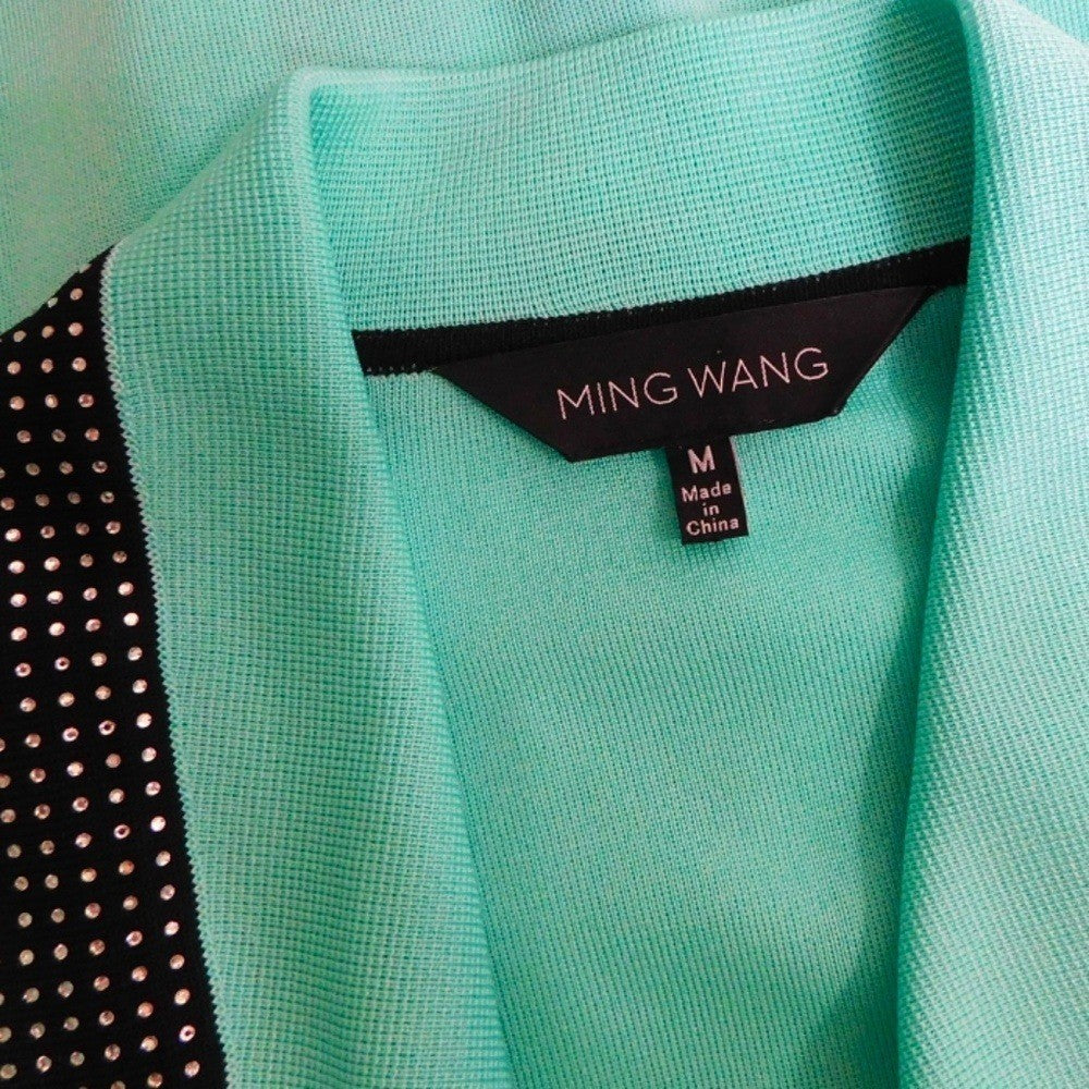 MING WANG Seafoam Green Black Studded Embellished Cardigan Sweater Medium