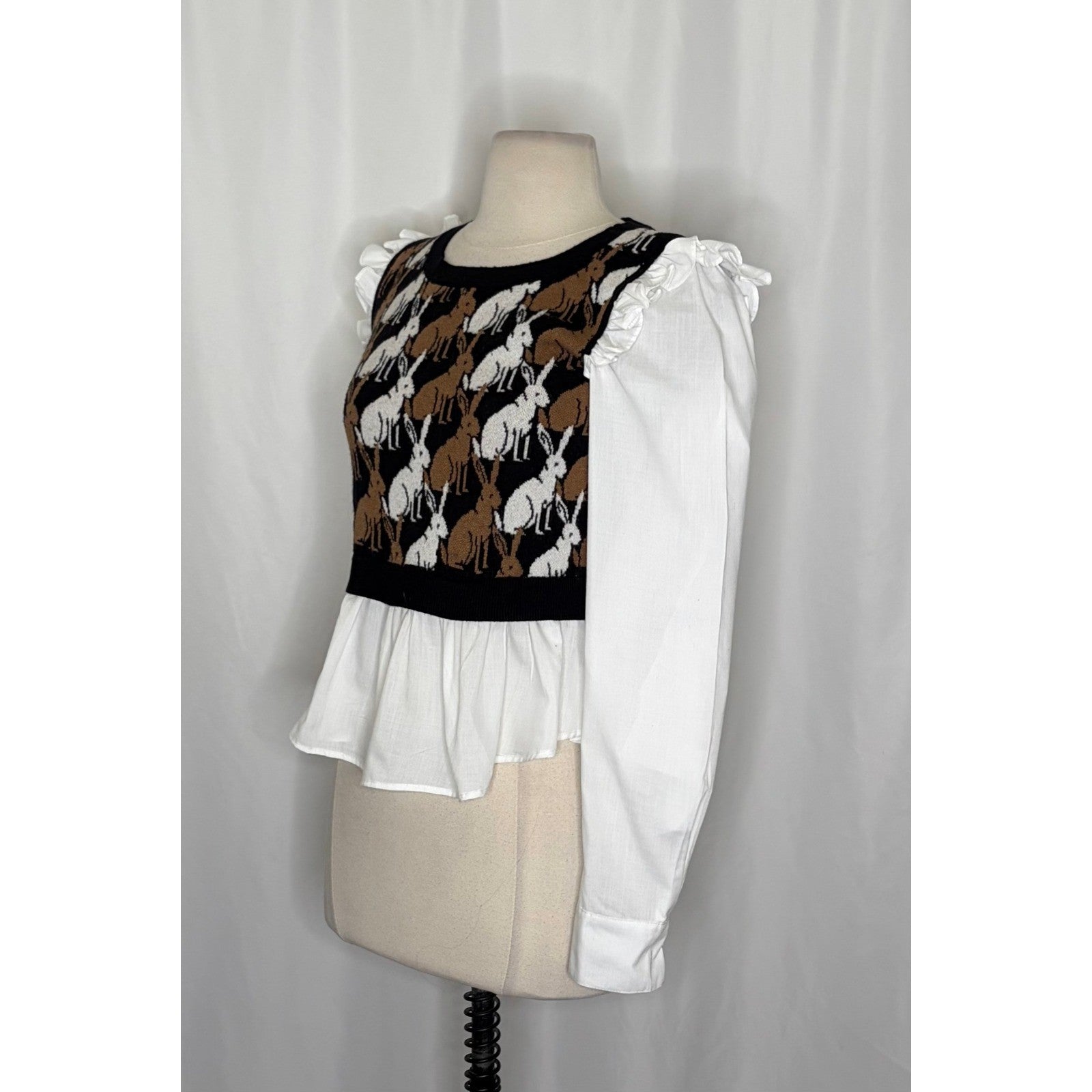 Anthropologie MAEVE Ruffled Twofer Sweater Vest Rabbits Bunny Cottagecore Small