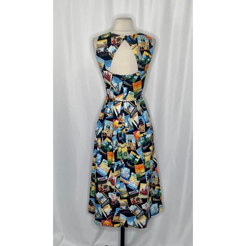 EVA FRANCO Travel Poster Jenna Dress Midi Halter Neck Colorful Pleated Pockets 6