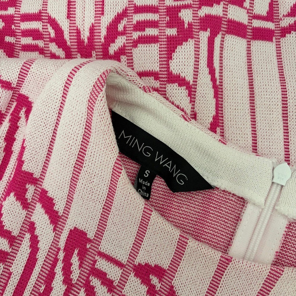 MING WANG Jacquard Rib Dress White Carmine Rose Floral Knit Preppy Office Small