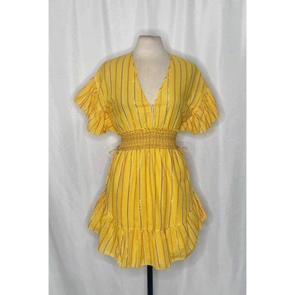 SAYLOR Yellow Metallic Striped Dress Fluttery Smocked Mini Gold Party Medium